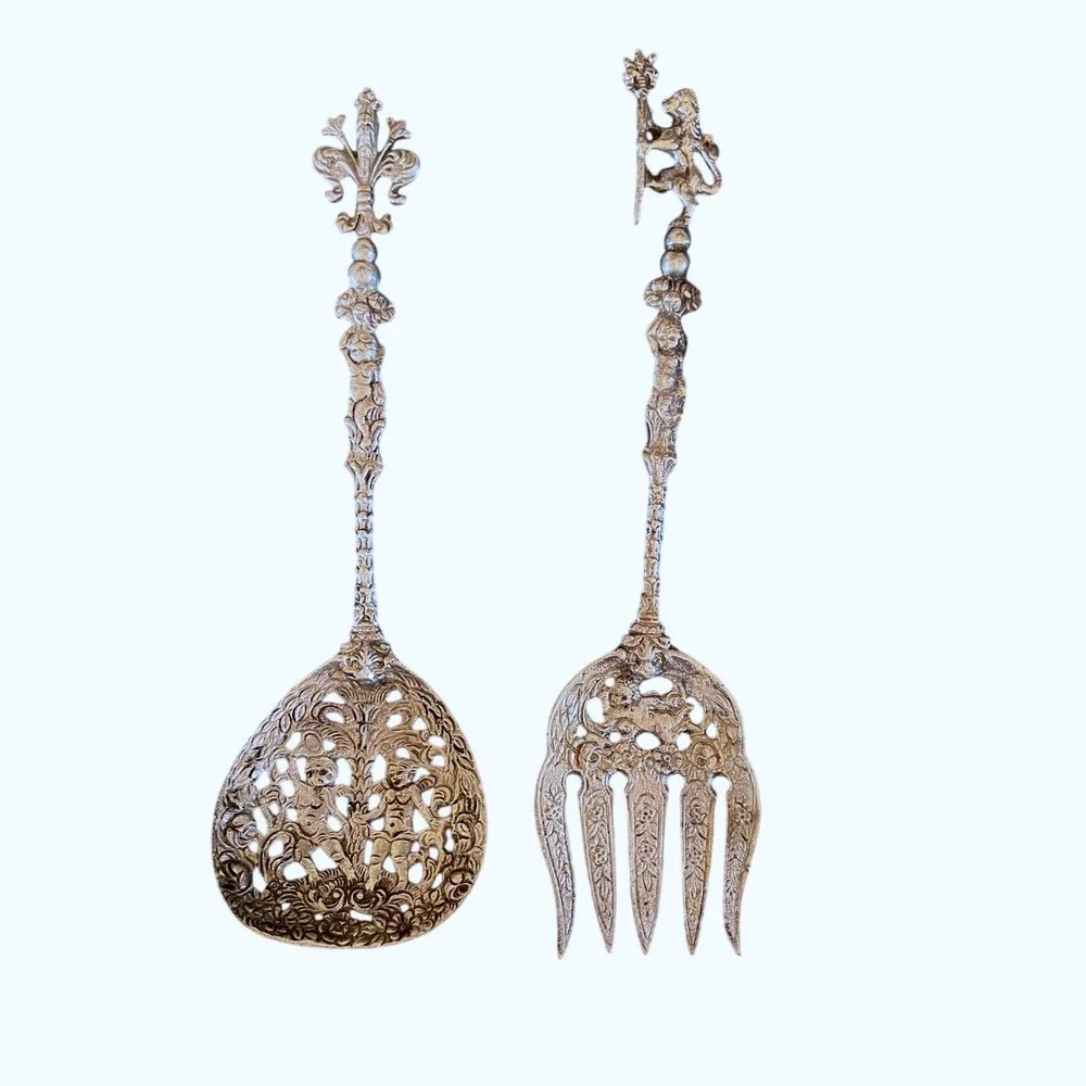 Ugo Bellini Salad Serving Set OS Silver Excellent Cherub Lion Fleur-de-lis Italy
